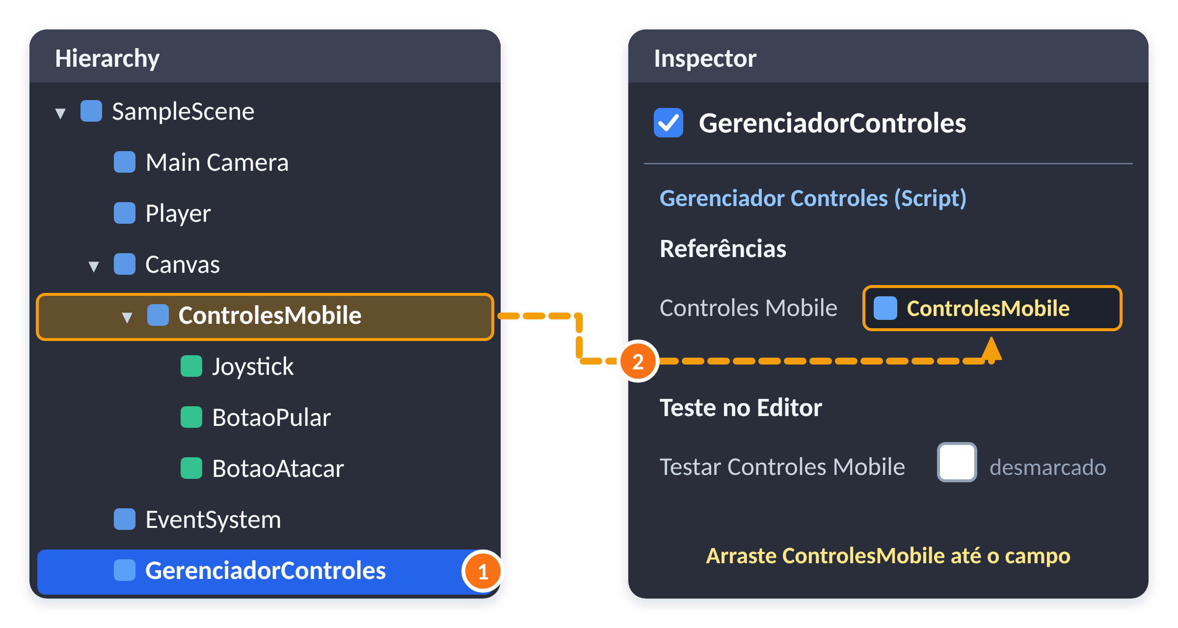 A Hierarchy com o grupo ControlesMobile e o Inspector do GerenciadorControles já configurado.